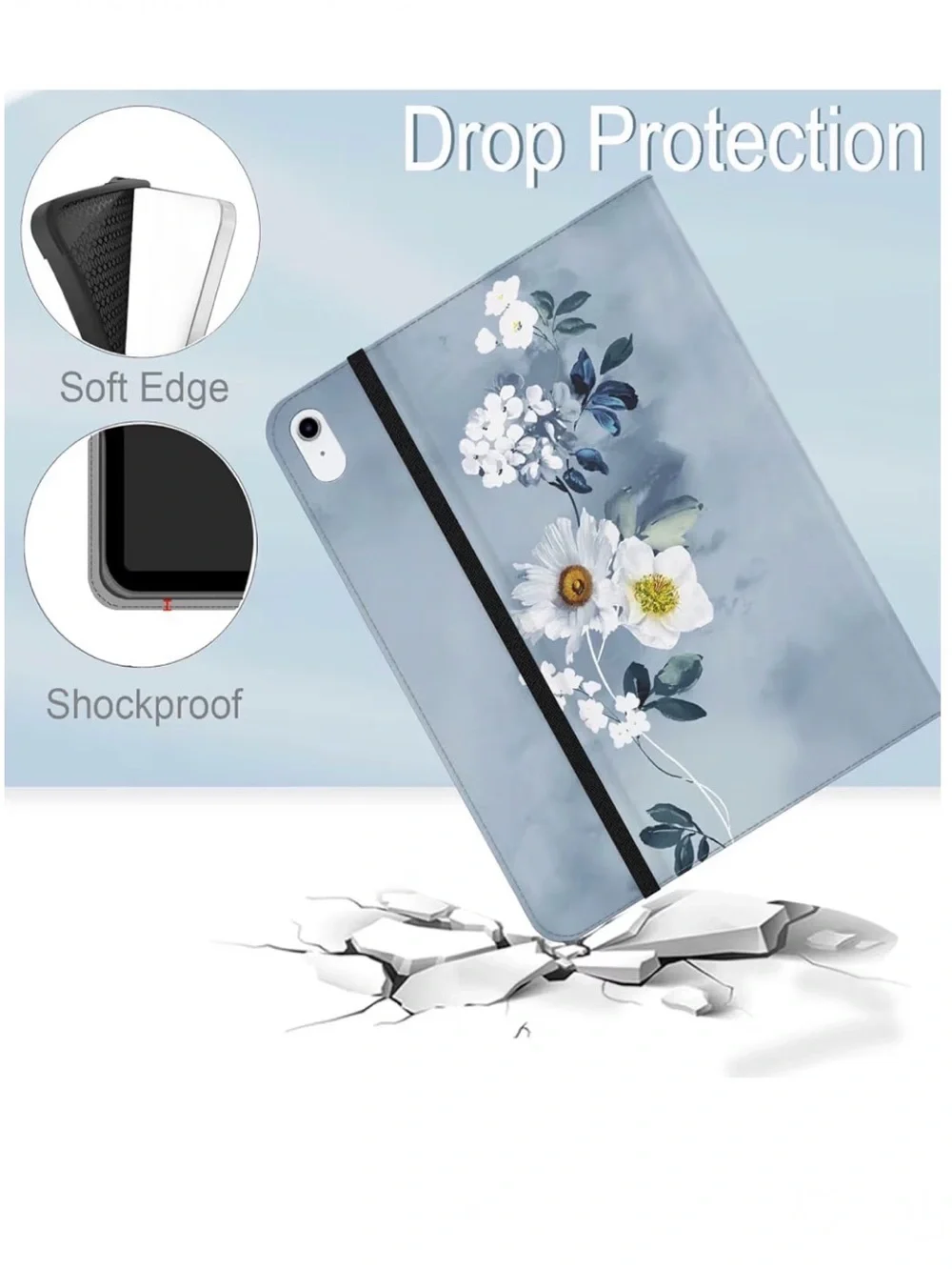 Blue Floral🪻iPad📱Cover w Flip Stand Auto Sleep💤& Pencil🖊️Holder + Pocket